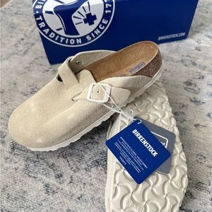 Birkenstock Beige Suede Slip-On Clog with White Buckle